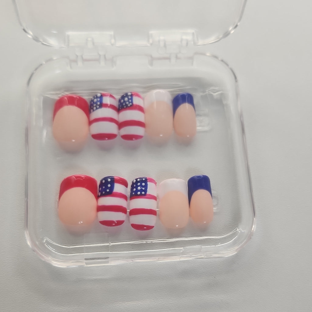 USA Theme French Pre-Designed Press-On Nails, Red/White/Blue/Beige, Finger