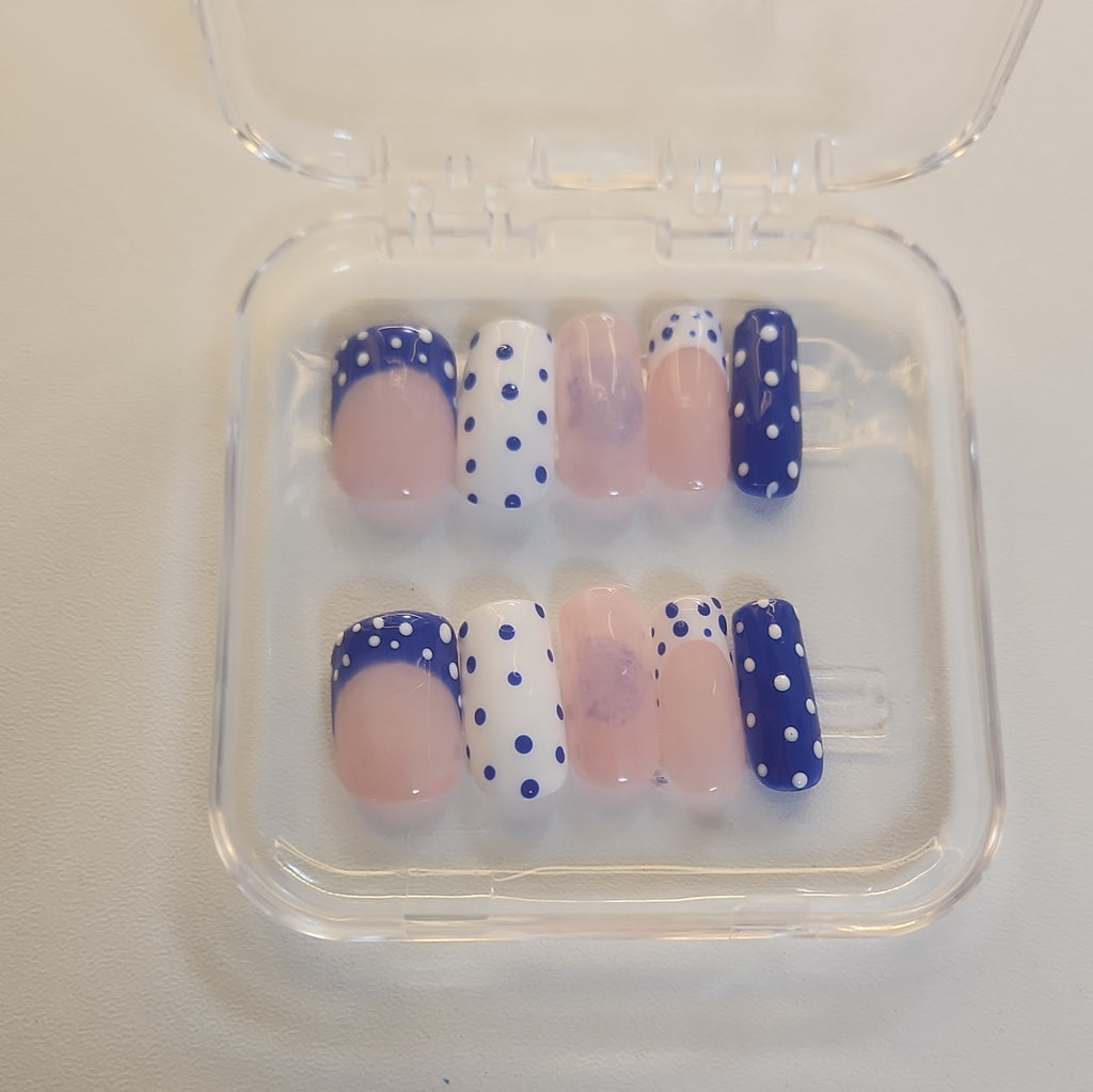 Polka Dot French Pre-Designed Press-On Nails, Blue/White/Pink, Medium Square
