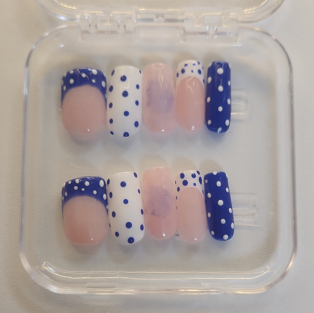 Polka Dot French Pre-Designed Press-On Nails, Blue/White/Pink, Medium Square
