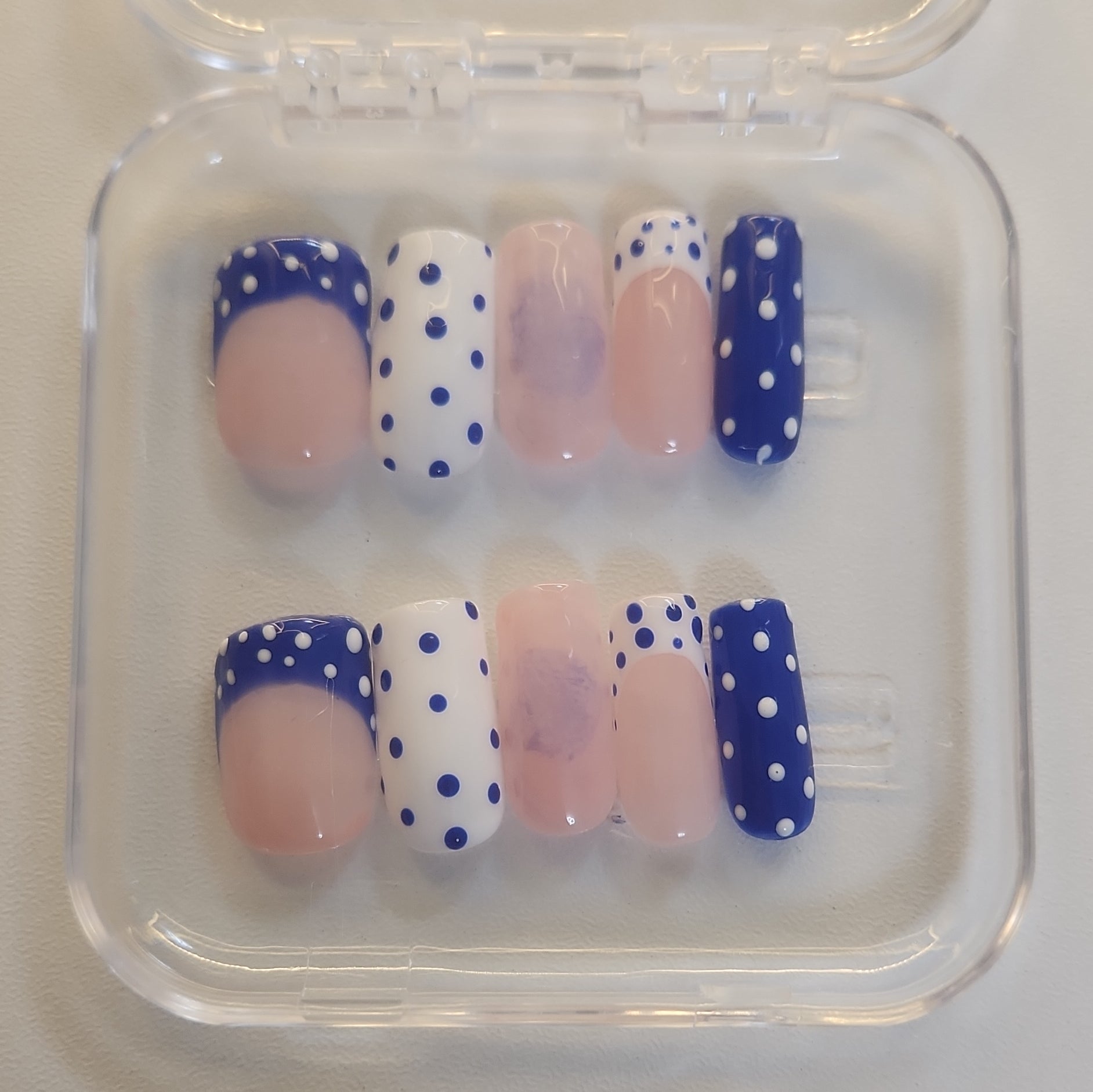 Polka Dot French Pre-Designed Press-On Nails, Blue/White/Pink, Medium Square
