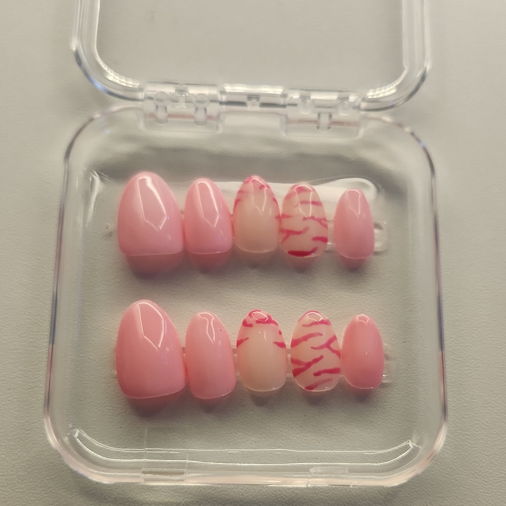 Pink/Beige Shiny Pre-Designed Press-On Nails, Full Cover, Medium Almond