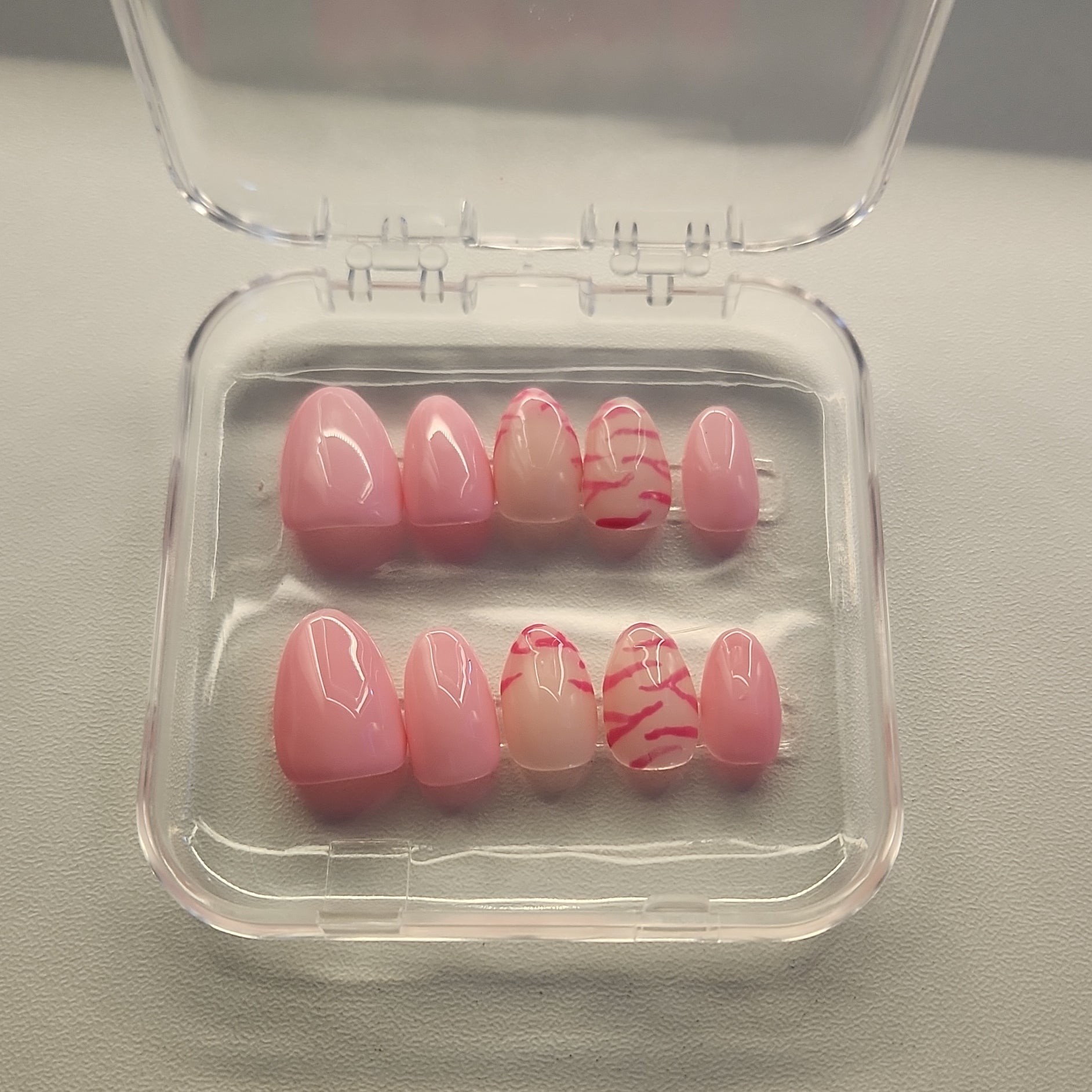 Pink/Beige Shiny Pre-Designed Press-On Nails, Full Cover, Medium Almond