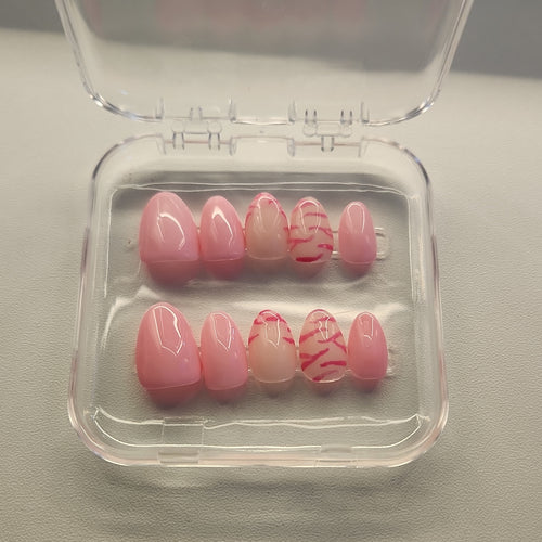 Pink/Beige Shiny Pre-Designed Press-On Nails, Full Cover, Medium Almond