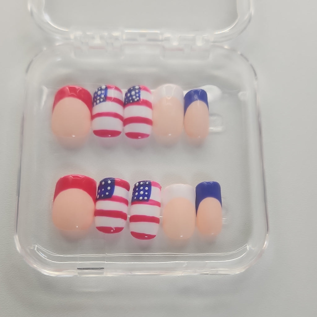 USA Theme French Pre-Designed Press-On Nails, Red/White/Blue/Beige, Finger